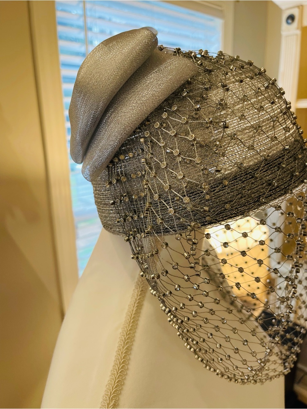 Silver Beaded Veil Fascinator Hat - Picture 9 of 13